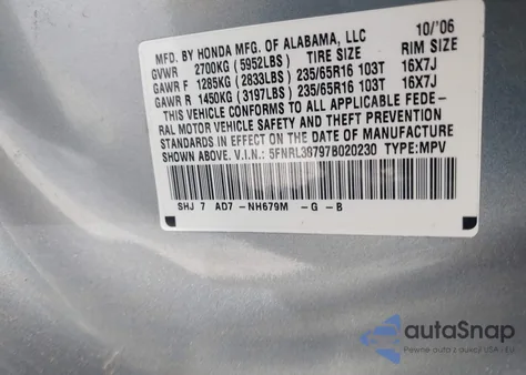 2007 Honda Odyssey Exl from USA, damaged, VIN 5FNRL38797B020230